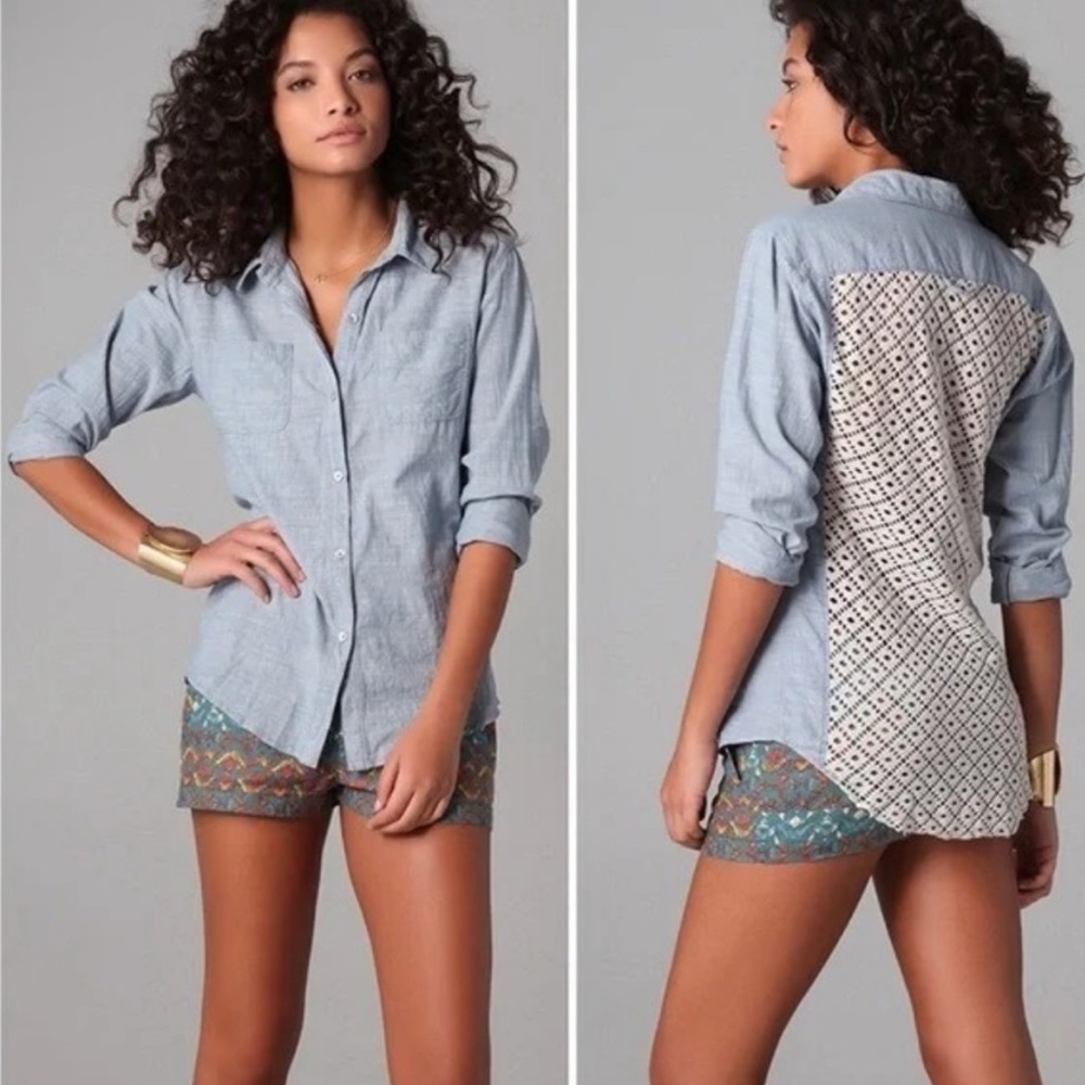 Free People Chambray & Lace Slubby Road Trip Button Down